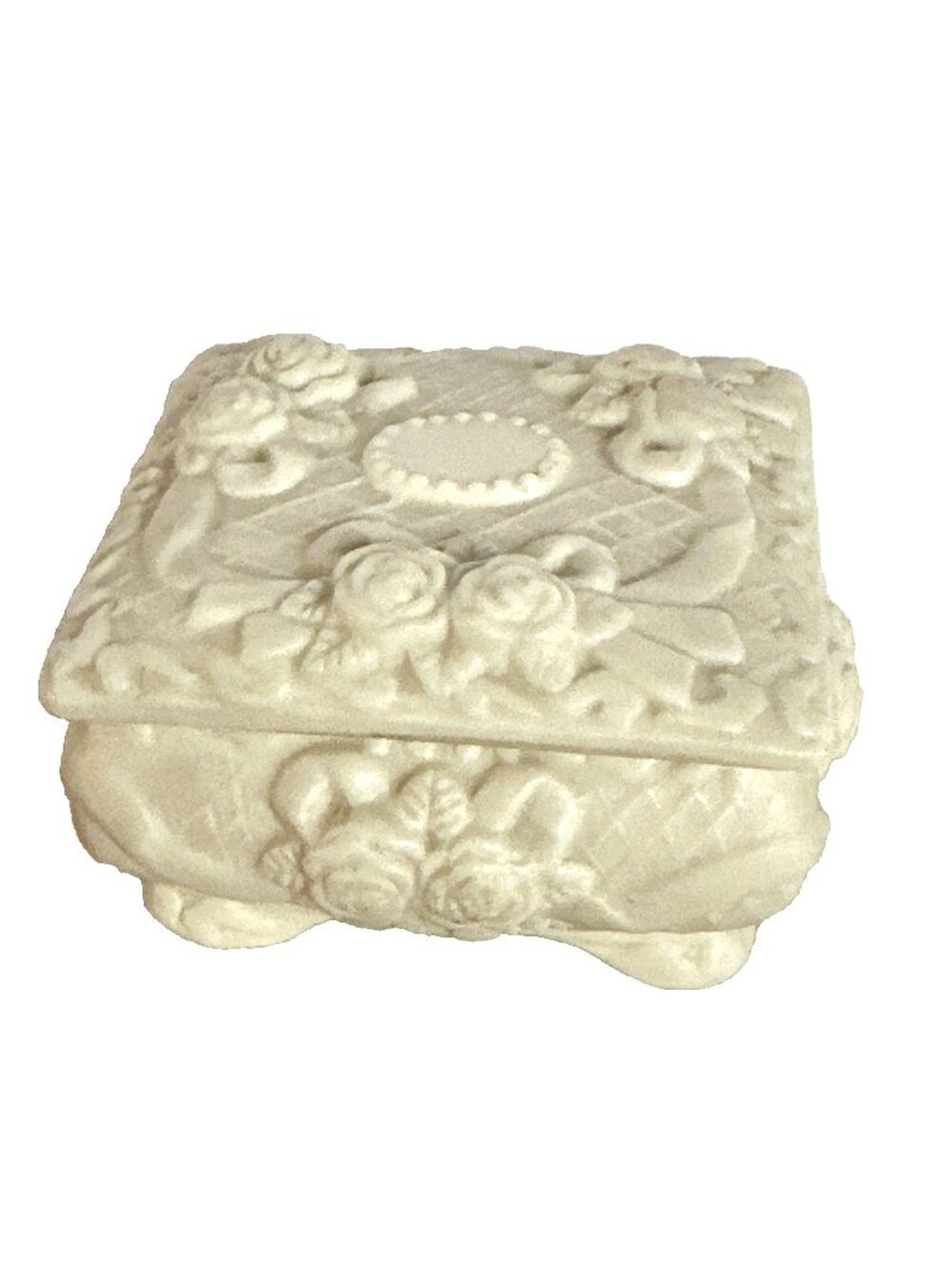 Vintage Porcelain Bisque Trinket Box Jewelry Storage Lidded Roses Floral Velvet